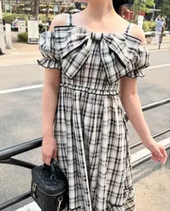 アンミール An MILLE ビッグリボンオフショルop チェックワンピース