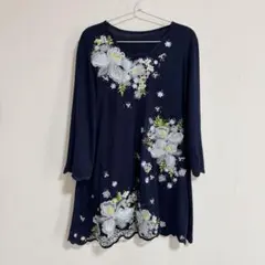 Via Faburrica ヴィアファブリカ　花柄　刺繍　チュニック　ネイビー