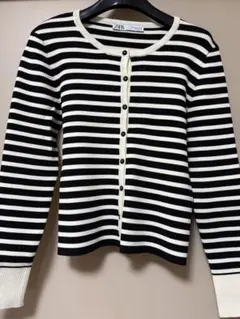 ZARA 黒と白のストライプカーディガンM
