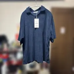 ZARA メンズ パイル地 ポロシャツ ネイビー Lサイズ