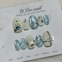 クリスマスネイル　リース　ツリー　サンタ　ホワイト　水色　冬　ネイルチップ