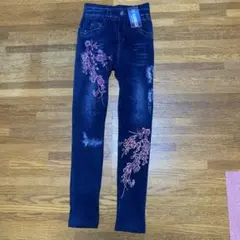 花柄刺繍ダークブルースキニージーンズ、レギンス、スパッツ
