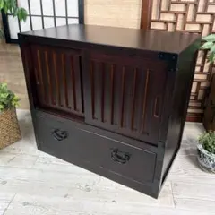 民芸家具桐材天然無垢和引き戸付きチェスト横長テレビ台飾り棚収納総桐
