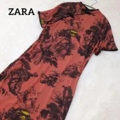 ザラ　ZARA チャイナ　ロング　ドレス　ワンピース　総柄　マキシ丈半袖のサムネイル