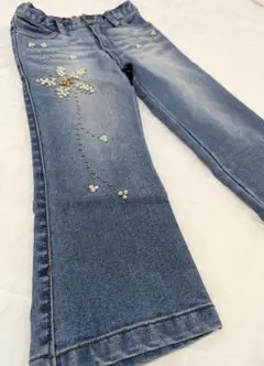 美品　パール装飾デニム　ワイド　フレア　ウエストサイズ調節可能