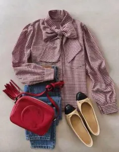 レッドギンガムチェックボウタイブラウス/SHEIN