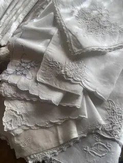 SALEஐ⋆*フランスアンティーク・ホワイトナプキン&ハンカチ・刺繍10セット