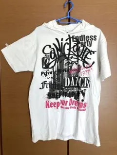 【最終価格】半袖Tシャツ フード付き【LL】白 黒プリント パーカー　綿100%
