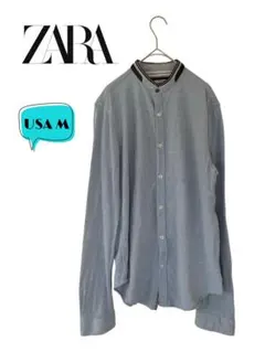 ZARA ザラ　エルボーパッチ　ノーカラーコットンシャツ　USA M