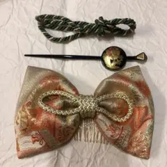 ③美品☆リボン型ヘアアクセサリーおまけ付き☆ゴールド系☆卒業式成人式袴振袖浴衣☆