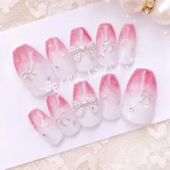 ネイルチップ ラメグラ ピンク フレンチガーリー ワンホン 量産型 韓国 りぼん