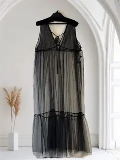 【美品】チュール　ワンピース ロング　ブラック フレア シアー
