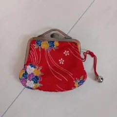 美品★赤い花柄ちりめん刺繍がま口
