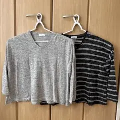 Vネック長袖Tシャツ2枚セット（グレー・黒ストライプ）