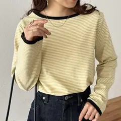 DISCOAT ディスコート　細ボーダーTシャツ　長袖　イエローのサムネイル