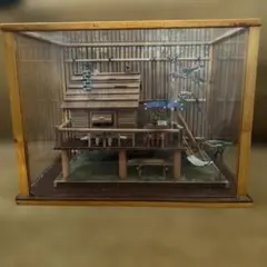 ハンドメイド　木製 ログハウス ミニチュア ジオラマ 小鳥 ケース入り　⑦