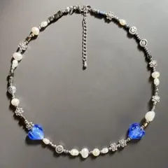 no50　淡水パール×シルバー×ブルーハート　メタルネックレス