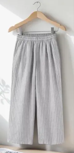 無印良品　リネン洗いざらしイージーワイドパンツ　グレーストライプ.XL