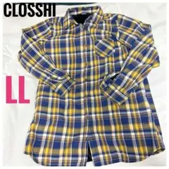 CLOSSHI ベロア風裏地 秋冬 チェック柄 長袖アウター シャツ LL
