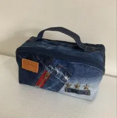 ハンドメイドデニムリメイク　ガバッと開くポーチ　化粧ポーチ　筆箱　小物入れ