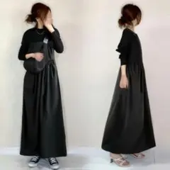 L ブラック カットソー サテン風 ワンピース