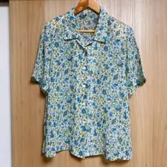 花柄シャツ ブラウス ブルー系 総柄 レトロ レディース