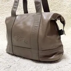 ロンシャン　ハンドバッグ　ミニボストン　レザー　グリーン系　ロゴ金具　型押し