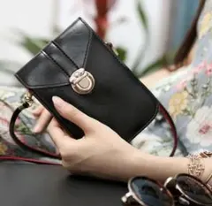 ブラック スマホショルダー バッグ スマホポーチ 黒色 iPhone 財布