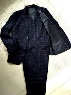 YFFUSHI ネイビー青チェック柄 ビジネススーツジャケット3P　4XLサイズ