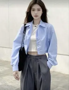 SHEIN ドロップショルダー 半丈シャツ 長袖トップス Sサイズ ブルー