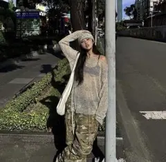 Y2K シースルーニット オフショルダー メッシュトップス レイヤードに最適