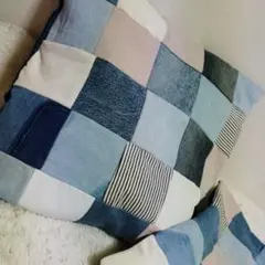 デニムリメイクパッチワーククッションカバー40×40　2個セット