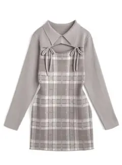 GRL チェック柄フロントオープンリボンニットミニワンピース[ru1373]