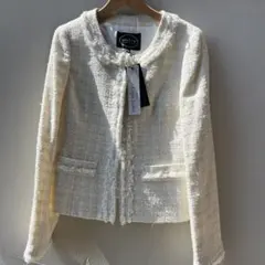 新品　anyFAM ノーカラーツイードジャケット 2 ホワイト　クリーム　白　M
