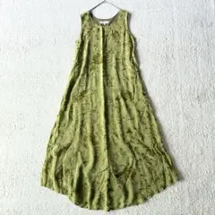 インド製 マキシ ワンピース 花柄 刺繍 レーヨン M グリーン 涼しい 美品