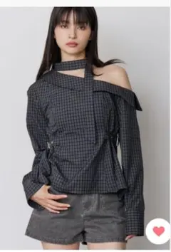 MURUA ボウタイワンショルブラウス　チェックシャツ　ダークグレー
