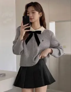 グレー ニット ガーリー 韓国 リボン shein