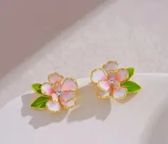 桜 フラワー ピアス ピンク花 リーフ ゴールド 可愛い 春アクセサリー
