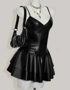 レザーワンピース Vネック レザーキャミ ミニドレス