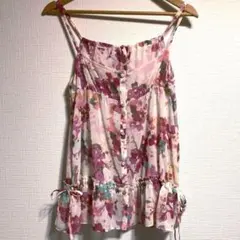 【美品】ラボラトリーワーク 花柄キャミソール リボン フリル ピンクパープル M