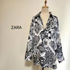 ZARA ダマスク柄 オープンカラーサテンシャツ ブラック×ベージュ 海外M