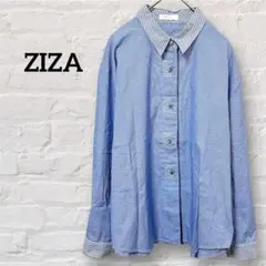 ZIZA 長袖シャツ デザインボタン ストライプ ブルー 青 比翼 レディース