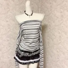 平成ギャル　00s オフショルダー白黒ストライプ長袖トップス　Y2K