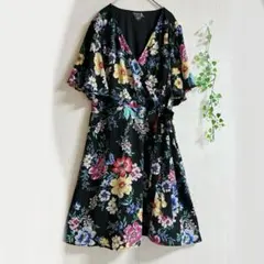TIME & TRUE 花柄 ワンピース ひざ丈 半袖 XL 黒