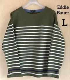 【EddieBauer】L・オリーブグリーンホワイトのストライプ 長袖カットソー