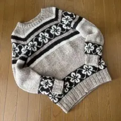 70s ビンテージ ハンドニット 花柄 ノルディック柄 手編み グレージュ