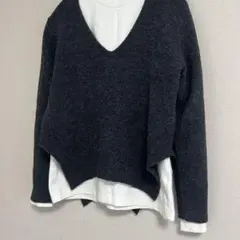 ミズイロインド　ダークグレー　vネック　変形　プルオーバー　ニット