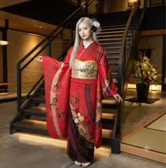 美品　正絹振袖フルセット　蝶と花柄 深紅 華やか 成人式に！ 深紅 美品 正絹振袖フルセット モダン 花柄 成人式にも！！ - メルカリ