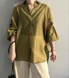 CLANE クラネ フレアヘムドレスシャツ 1 カーキ 長袖 ノーカラー 