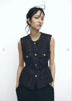 早い者勝ち！新品ZARA サマーツイード ベスト ジレ　ネイビー幻のS サイズ
